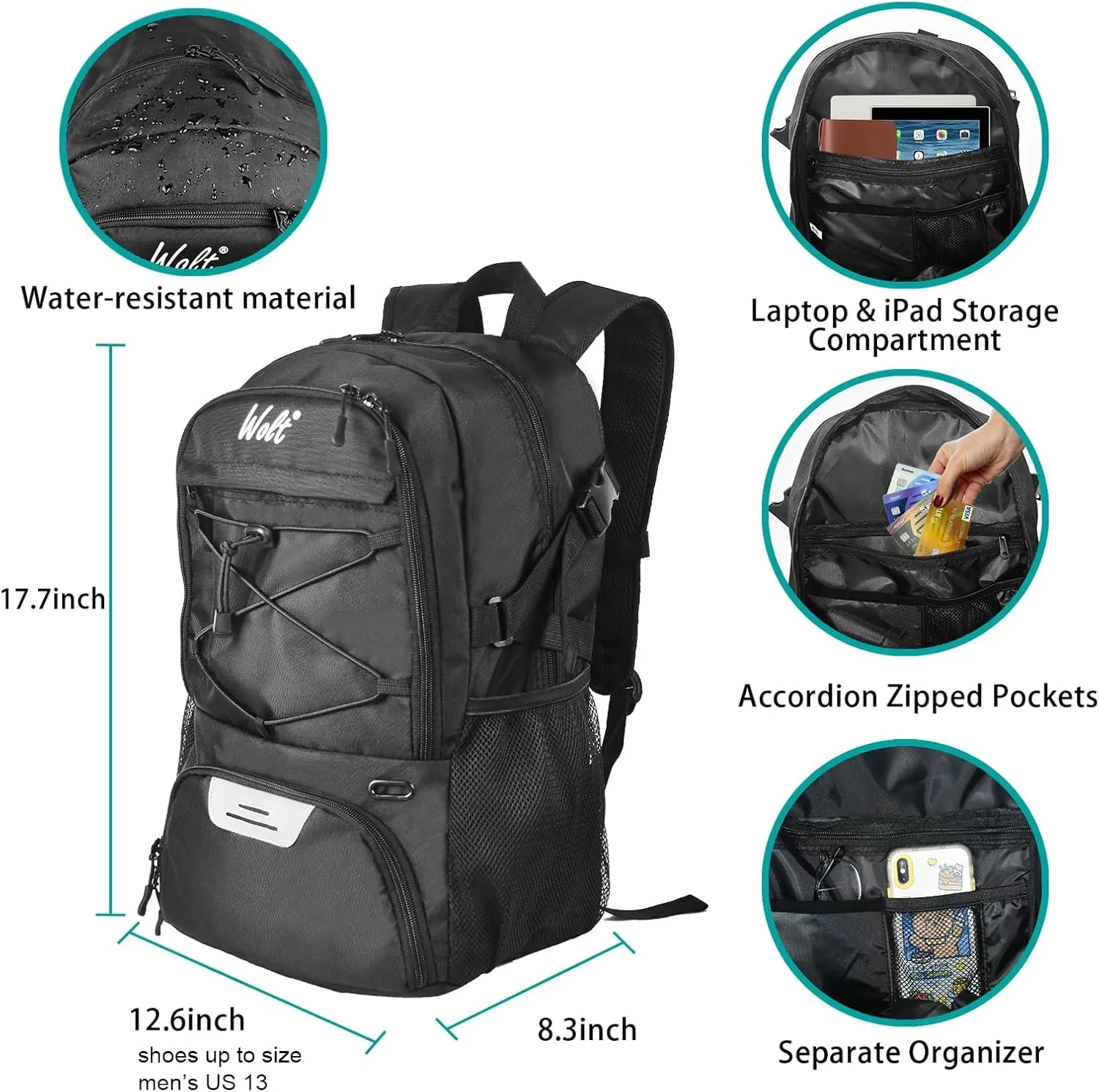WOLT Basketball Backpack Large Sports Bag with Separate Ball Holder & Shoes Compartment, Best for Basketball, Soccer,Gym