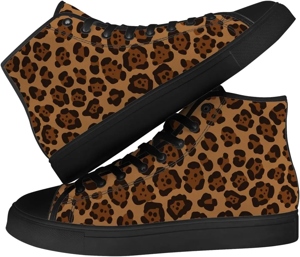 Women's Leopard Shoes Cheetah Skin High Top Canvas Sneakers Lace Up Casual Walking Shoes Gifts for Women
