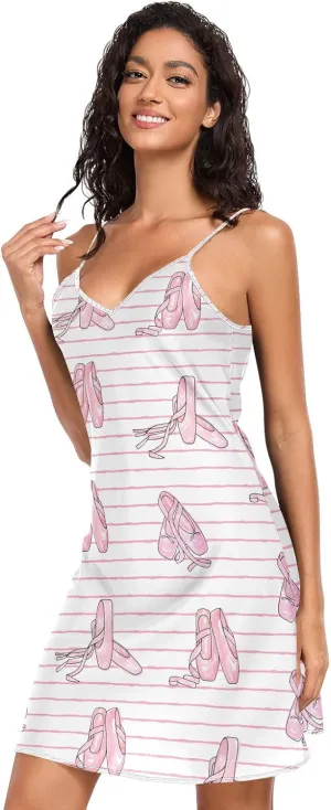 Women's Nightgowns Satin Slip Dress Nightdress Ballet Shoes Pattern Sleepwear Mini Chemises Nightwear