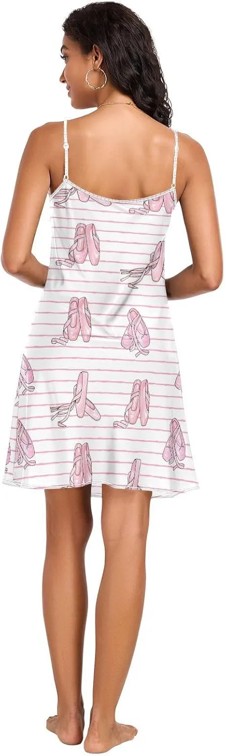 Women's Nightgowns Satin Slip Dress Nightdress Ballet Shoes Pattern Sleepwear Mini Chemises Nightwear