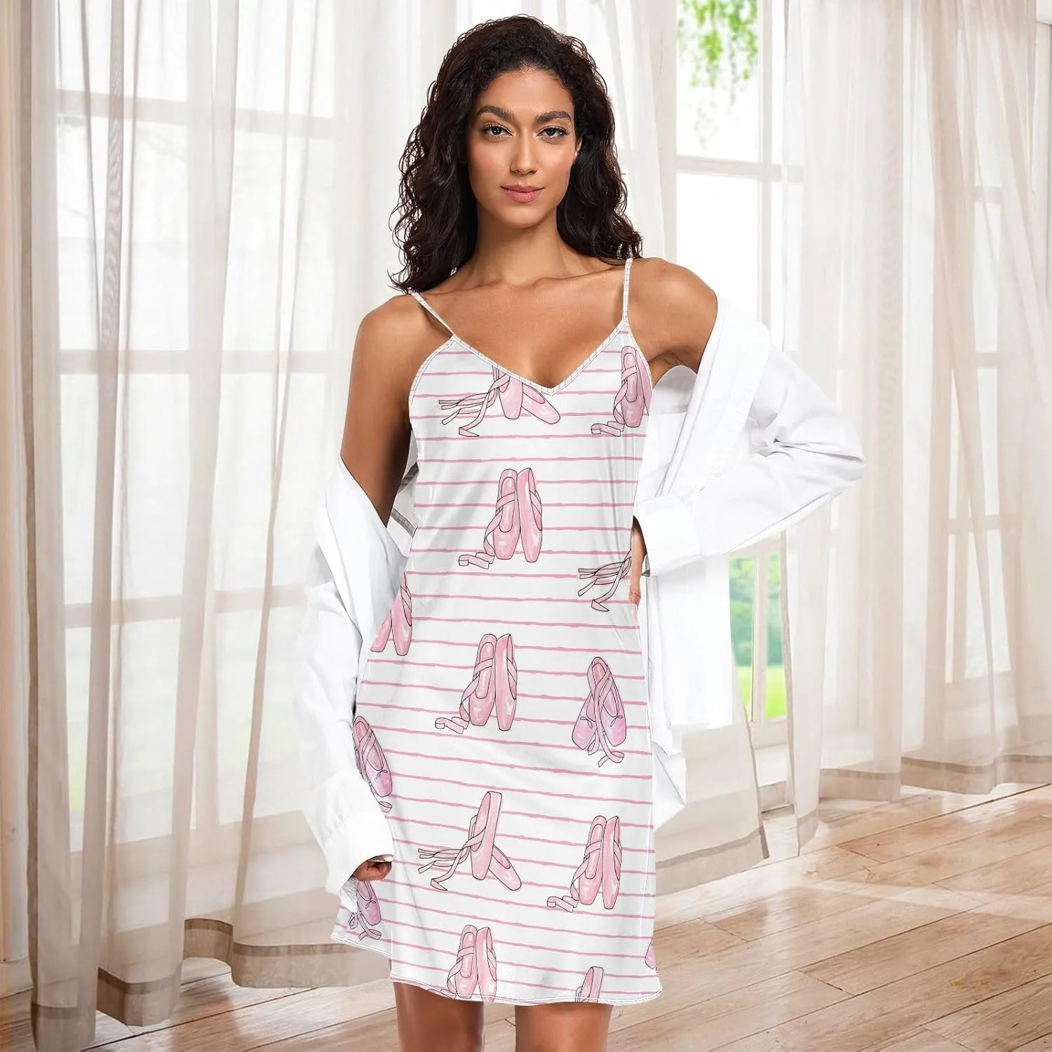 Women's Nightgowns Satin Slip Dress Nightdress Ballet Shoes Pattern Sleepwear Mini Chemises Nightwear