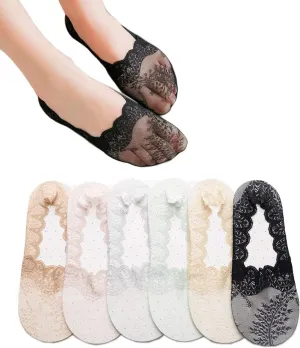 Women's No Show Socks Lace Low Cut Flat Invisible Liner Socks Non-skid Boat Socks Set of 6
