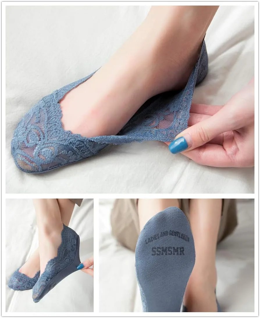 Women's No Show Socks Lace Low Cut Flat Invisible Liner Socks with 360 Heel Grip Non Slip Summer Sock 3/5 Pairs