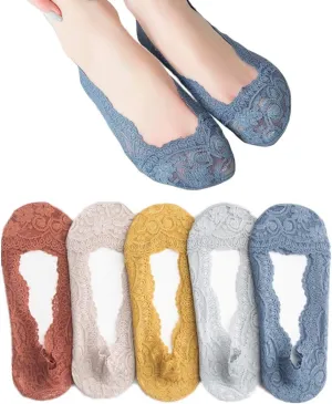 Women's No Show Socks Lace Low Cut Flat Invisible Liner Socks with 360 Heel Grip Non Slip Summer Sock 3/5 Pairs