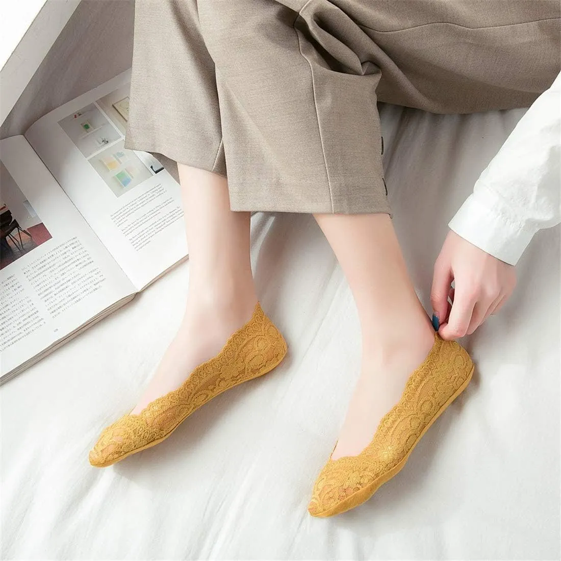 Women's No Show Socks Lace Low Cut Flat Invisible Liner Socks with 360 Heel Grip Non Slip Summer Sock 3/5 Pairs