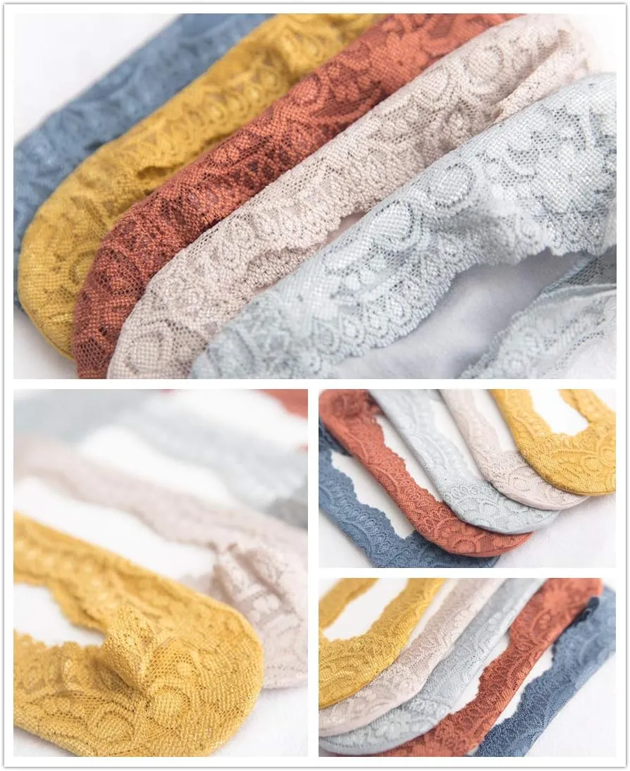 Women's No Show Socks Lace Low Cut Flat Invisible Liner Socks with 360 Heel Grip Non Slip Summer Sock 3/5 Pairs