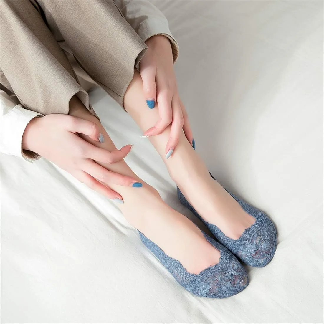 Women's No Show Socks Lace Low Cut Flat Invisible Liner Socks with 360 Heel Grip Non Slip Summer Sock 3/5 Pairs