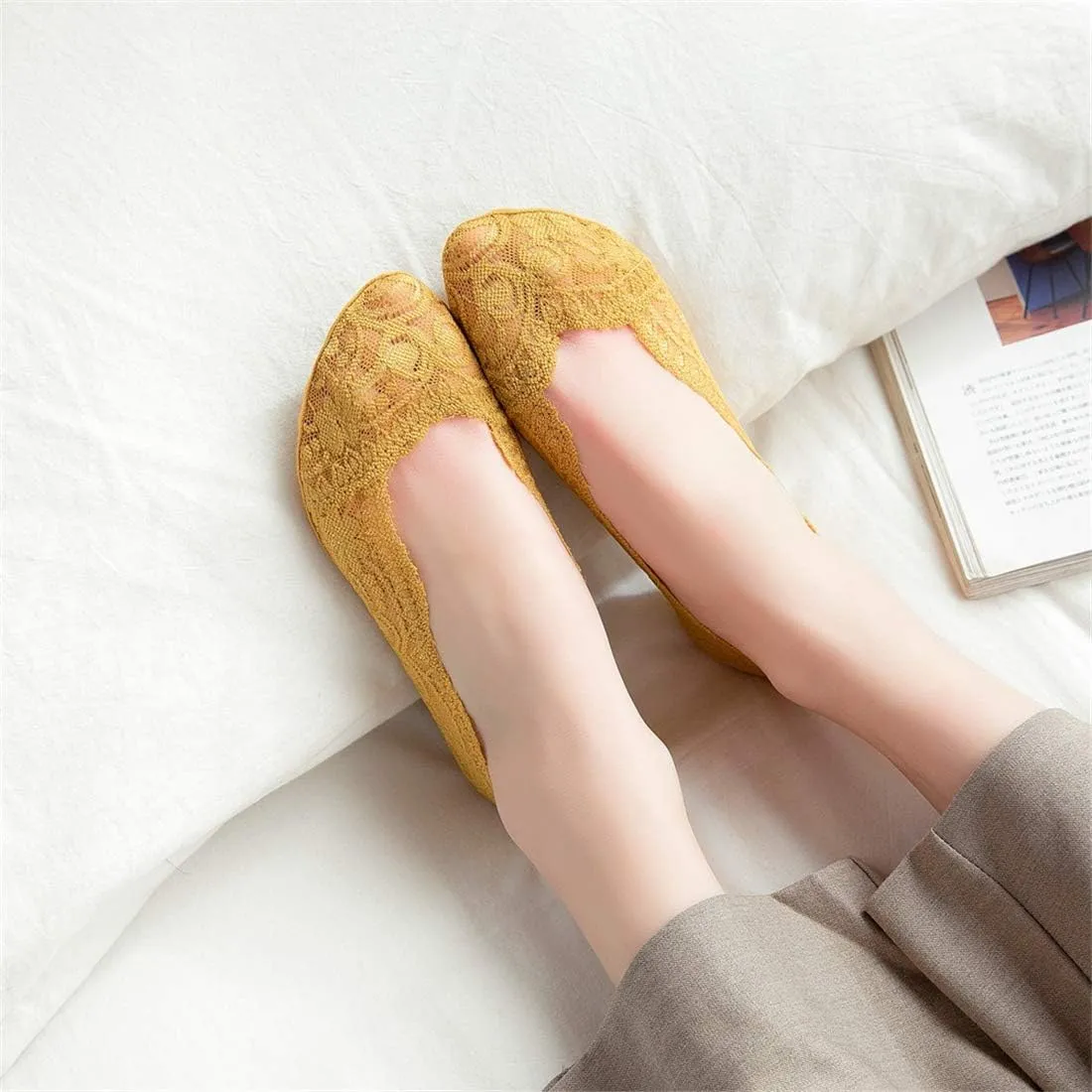 Women's No Show Socks Lace Low Cut Flat Invisible Liner Socks with 360 Heel Grip Non Slip Summer Sock 3/5 Pairs