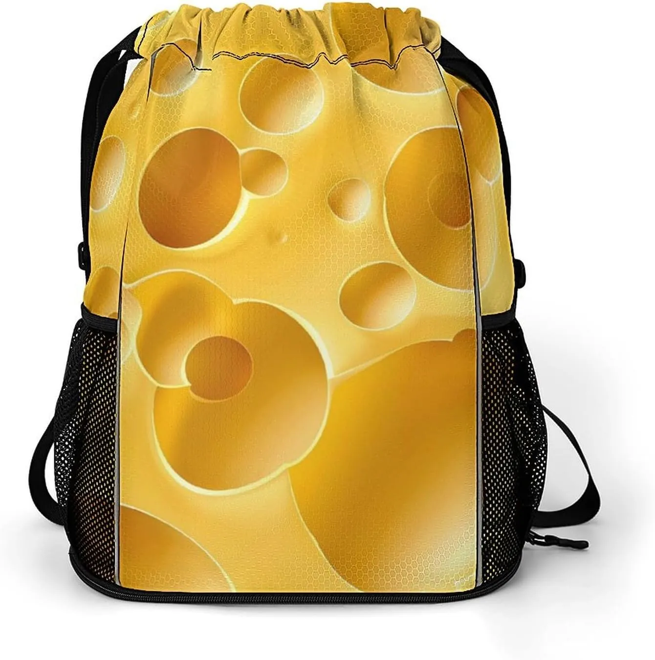 Yellow Cheese with Holes Drawstring Backpack String Bag Sports Gym Sackpack with Side Pocket Shoes Compartment