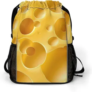 Yellow Cheese with Holes Drawstring Backpack String Bag Sports Gym Sackpack with Side Pocket Shoes Compartment